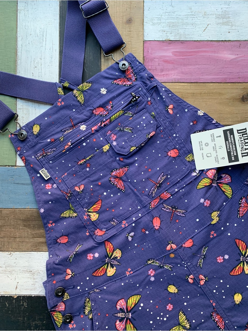 NWT Med Duluth Heirloom Gardening Convertible Bib Overalls Indigo Backyard Bugs